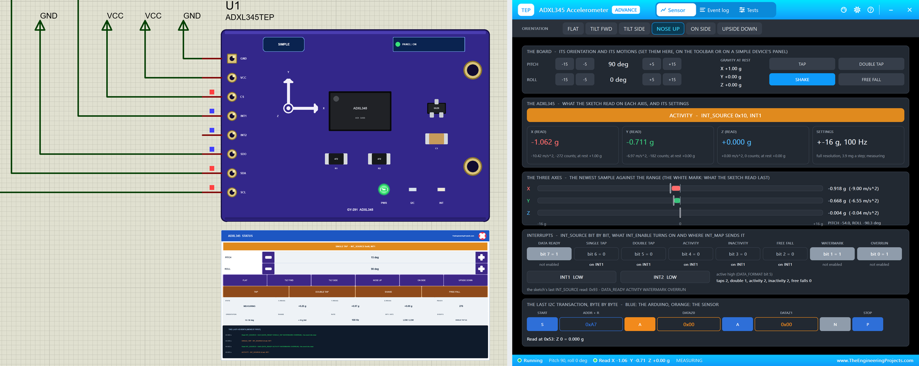ADXL345 Accelerometer Library for Proteus V1.0: the GY-291 module with its STATUS panel and the Advance pop-up