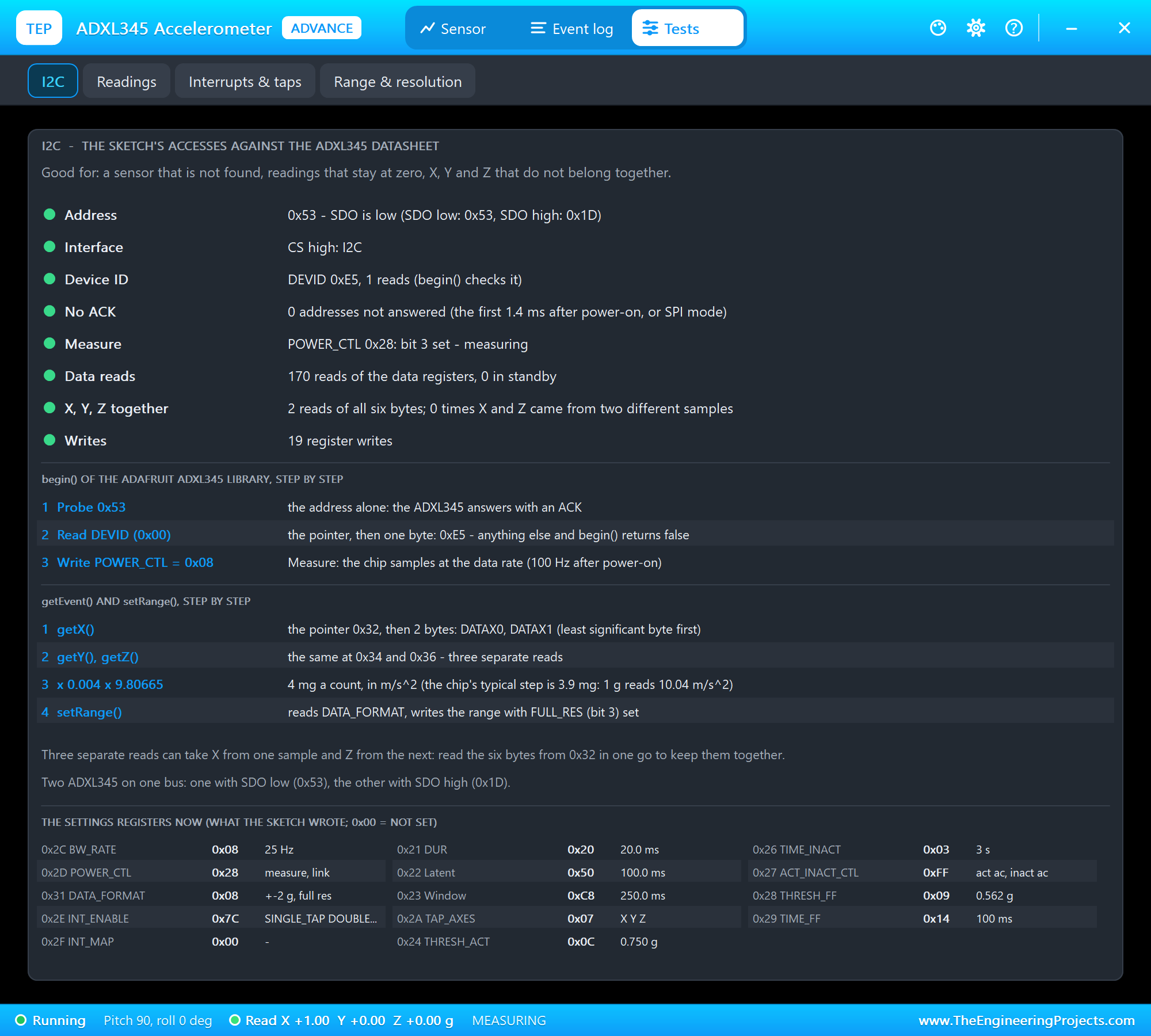 ADXL345 I2C test tool in Proteus: the address, the interface, DEVID and the settings registers