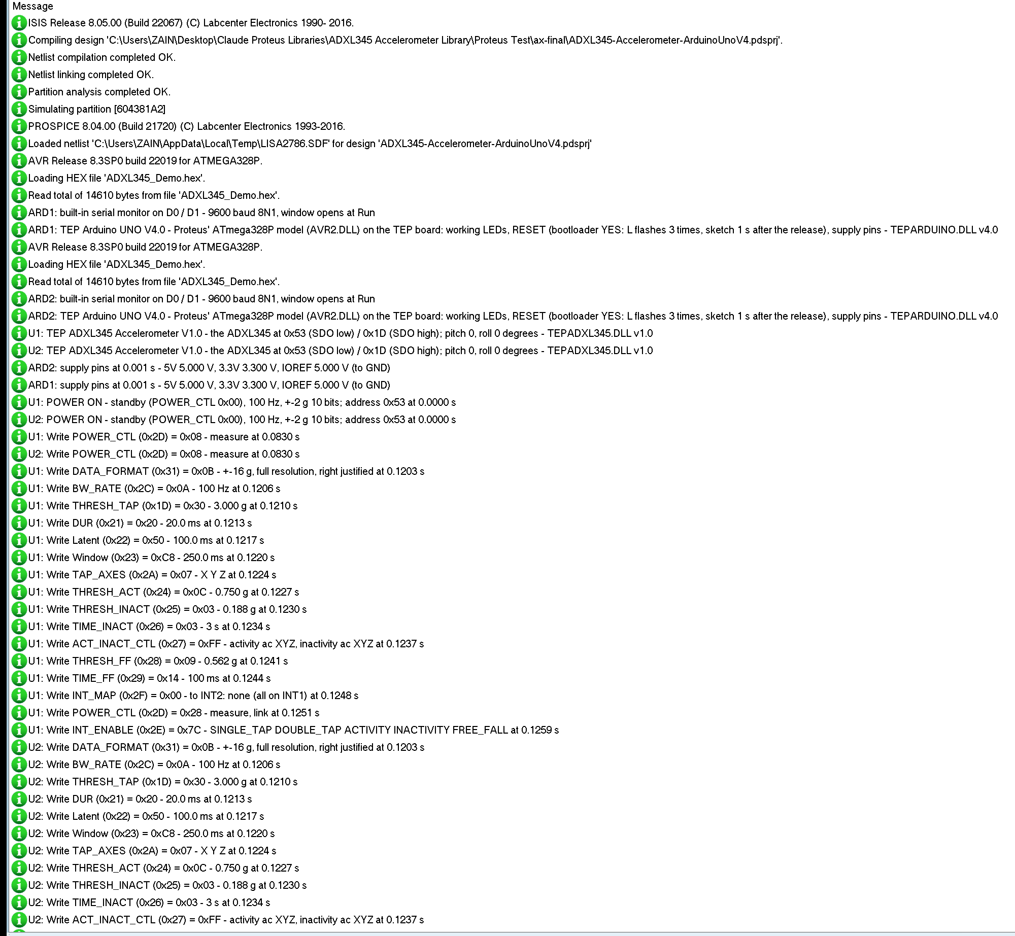 ADXL345 Proteus simulation log: power-on, begin() and the function registers
