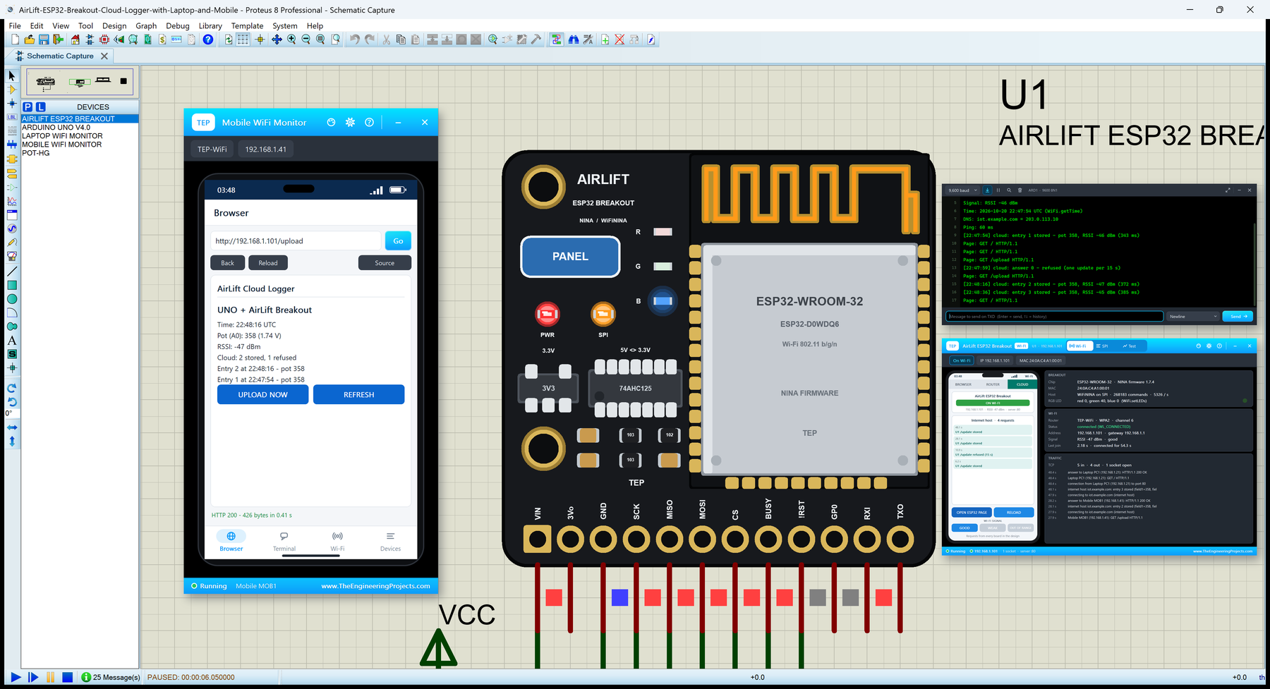 AirLift ESP32 Breakout Library for Proteus: the ESP32 breakout uploading to the cloud with the Mobile WiFi Monitor