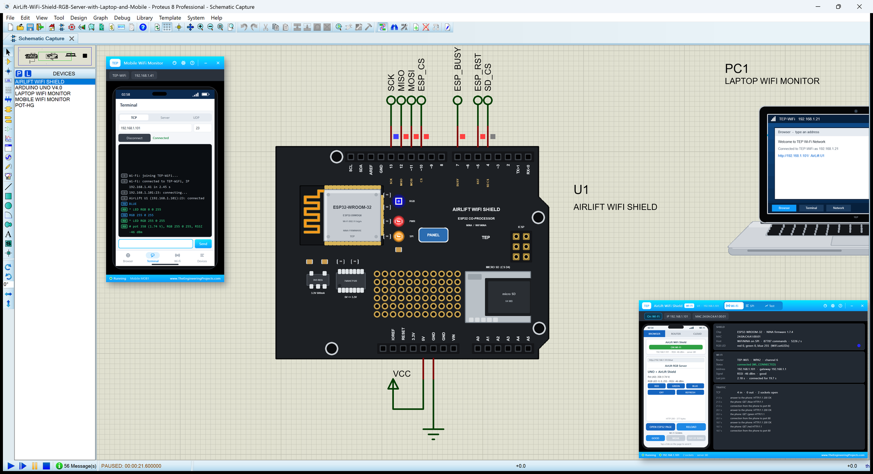 AirLift WiFi Shield Library for Proteus: the ESP32 shield with the Laptop and Mobile WiFi Monitors