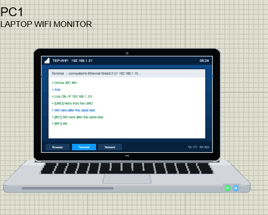 Laptop WiFi Monitor in Proteus beside the Arduino Ethernet Shield 2
