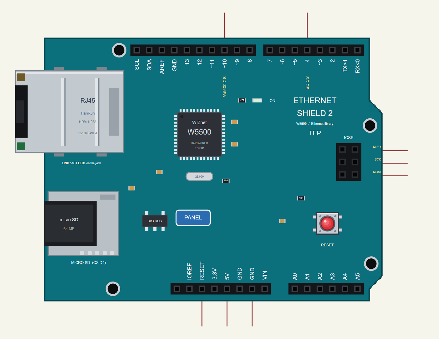 Arduino Ethernet Shield 2 in Proteus: the RJ45 jack, the W5500, the ON LED, the micro SD socket and the RESET button