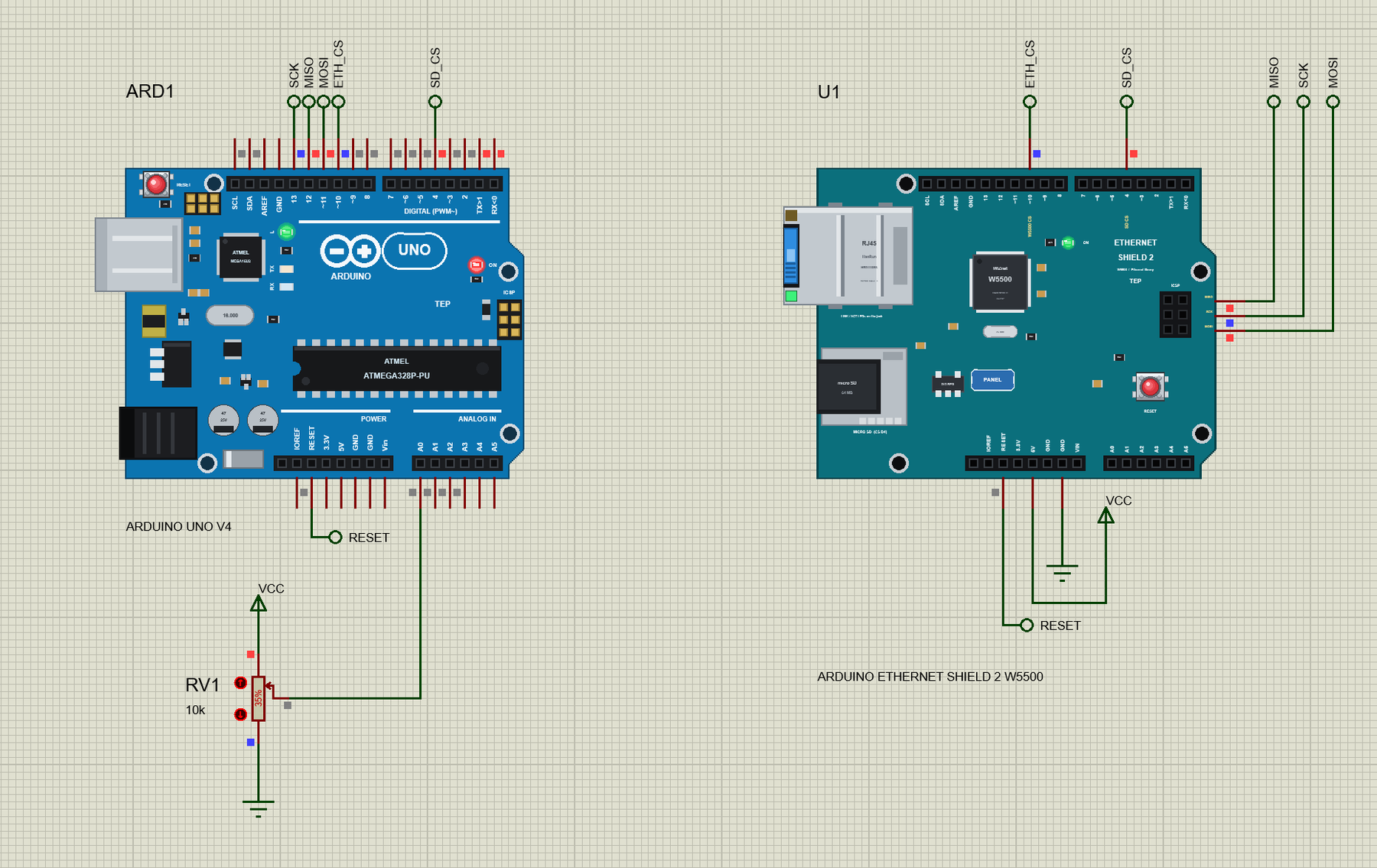 Arduino Ethernet Shield 2 circuit in Proteus: the UNO, the pot and the shield joined by SPI, CS and RESET labels