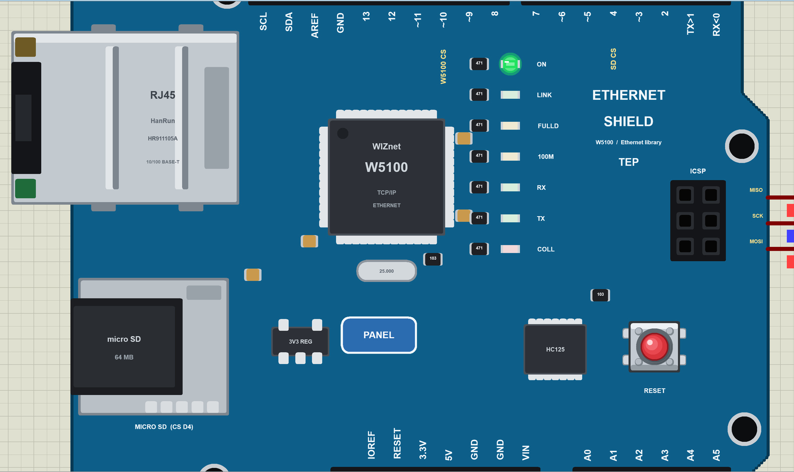 Arduino Ethernet Shield in Proteus with the cable out: only ON lit