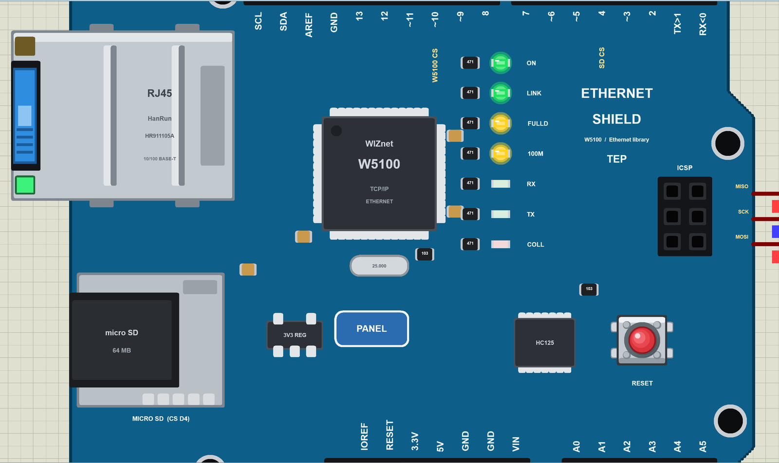 Arduino Ethernet Shield in Proteus on the LAN: ON, LINK, FULLD and 100M lit