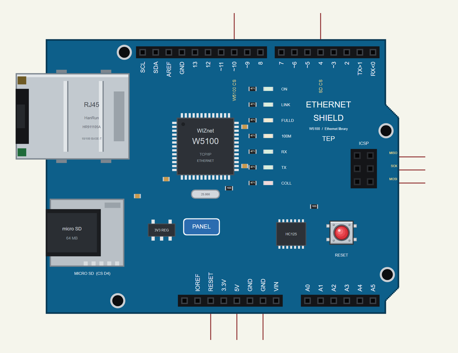 Arduino Ethernet Shield in Proteus: the RJ45 jack, the W5100, the LEDs, the micro SD socket and the RESET button