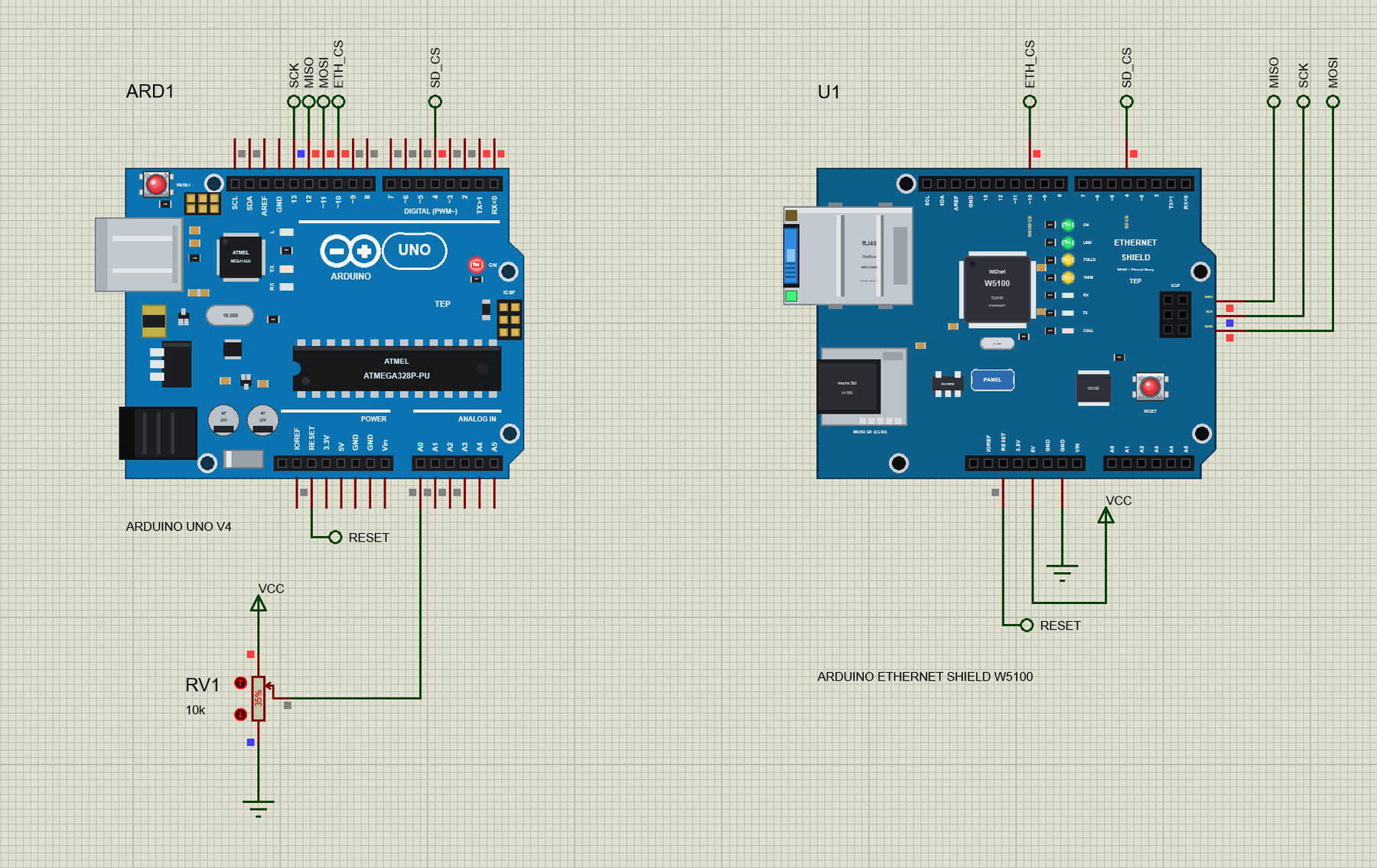 Arduino Ethernet Shield circuit in Proteus: the UNO, the pot and the shield joined by SPI, CS and RESET labels
