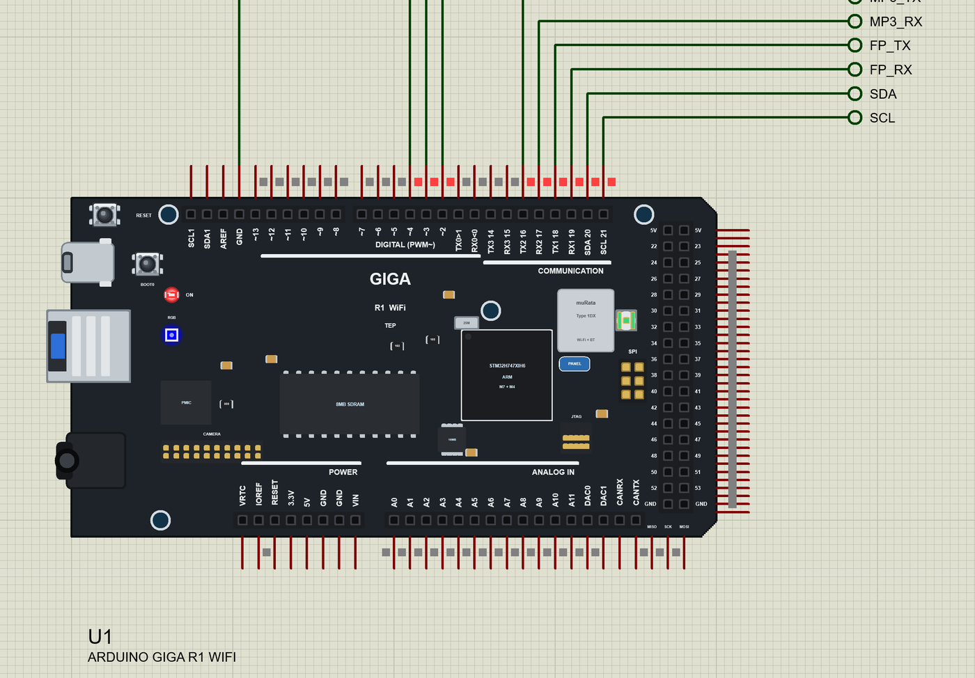 Arduino GIGA R1 WiFi running in Proteus with its ON LED and RGB LED lit
