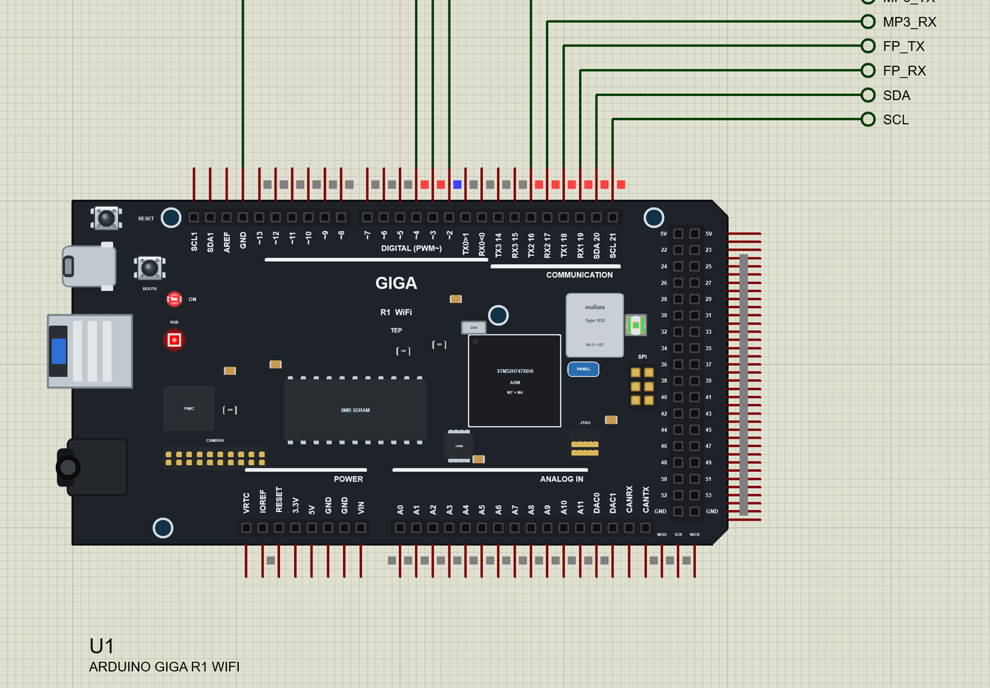 Arduino GIGA R1 WiFi in Proteus flashing its RGB LED red after a refused card