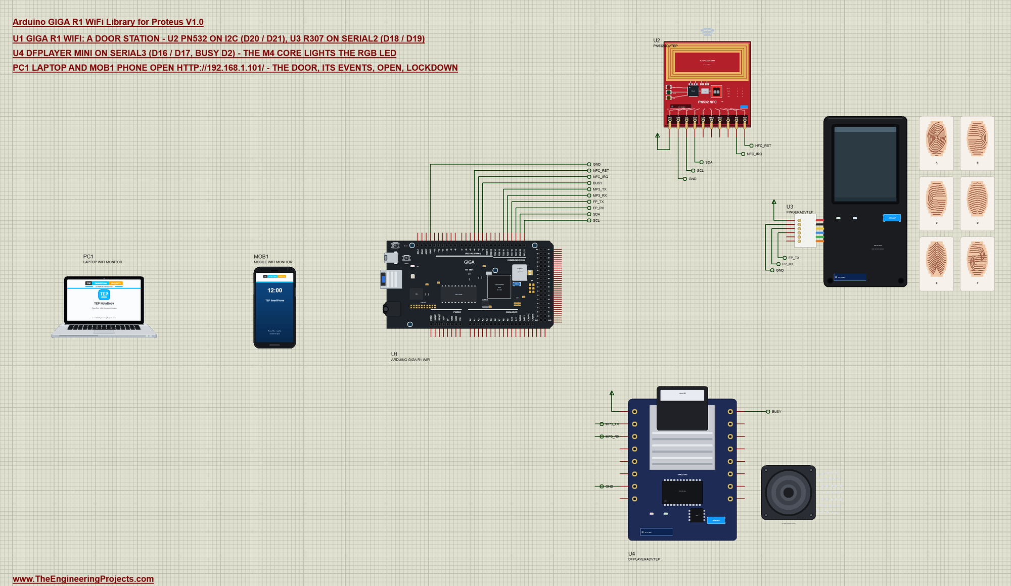 Arduino GIGA R1 WiFi Proteus simulation: PN532, R307 fingerprint, DFPlayer Mini, laptop and phone