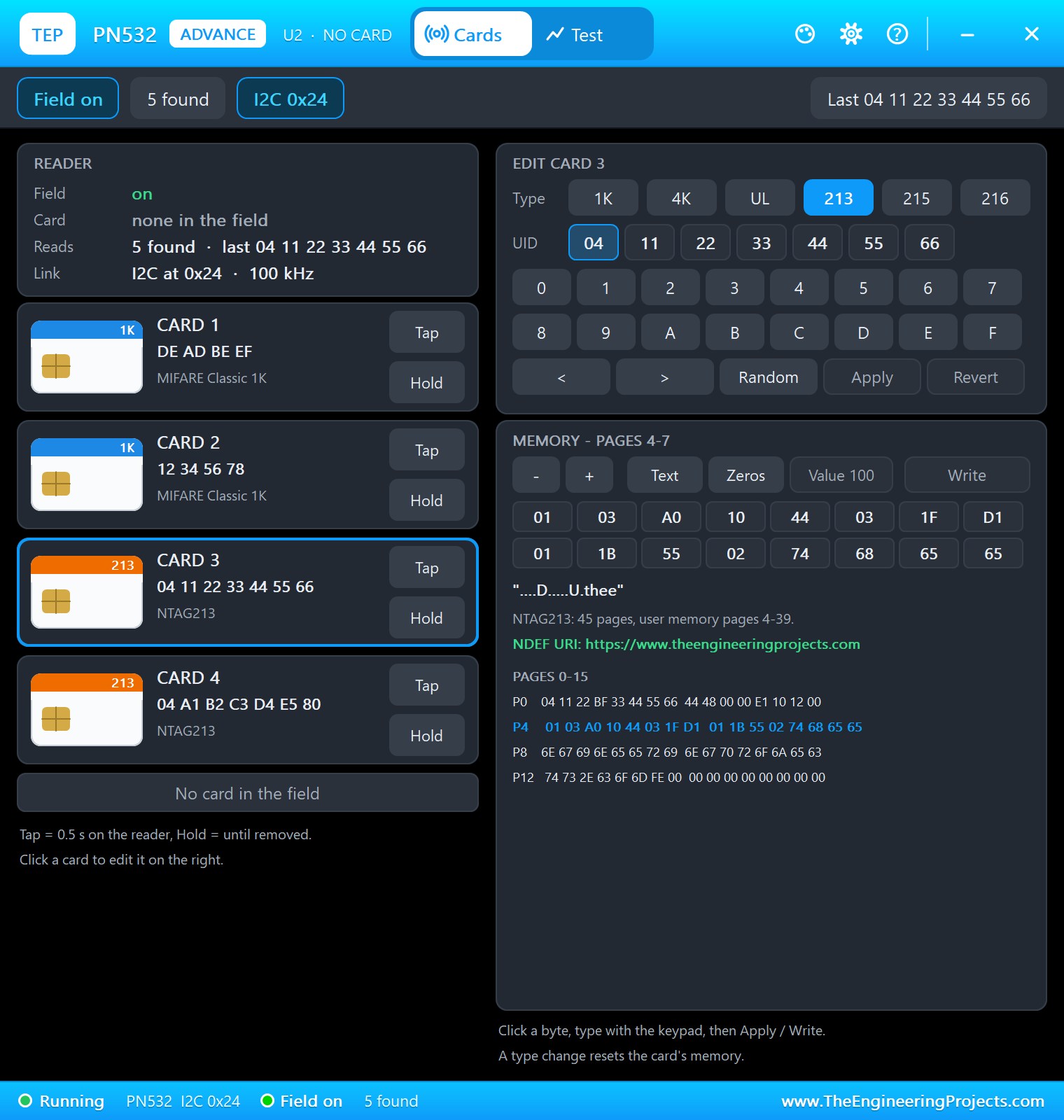 PN532 NFC Advance pop-up in Proteus with the unknown NTAG213 card 3