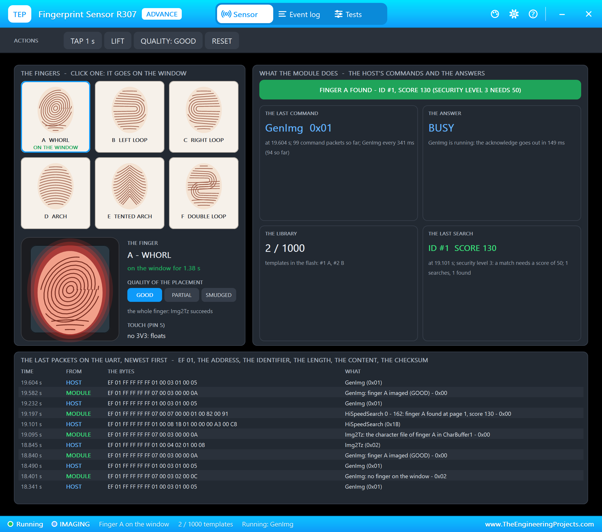 R307 fingerprint sensor Advance pop-up in Proteus finding finger A for the GIGA