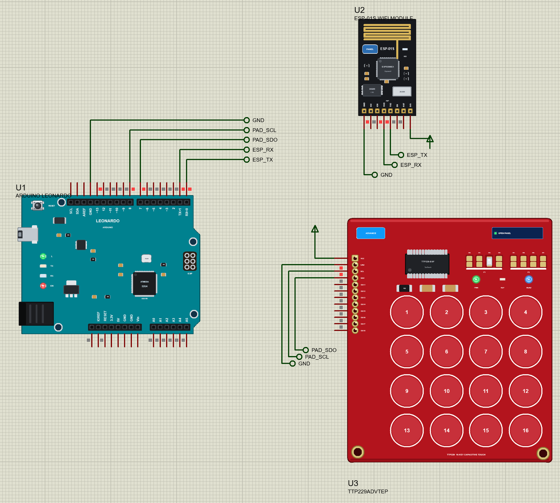 Arduino Leonardo Library for Proteus: a 16-key macro pad with a TTP229 touch keypad and an ESP-01S