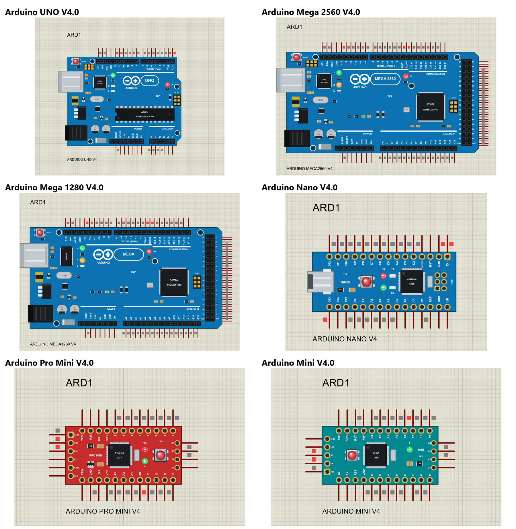 Arduino Library for Proteus V4.0: the Arduino UNO, Mega 2560, Mega 1280, Nano, Pro Mini and Mini boards running their demo in Proteus 8.5 with their LEDs lit