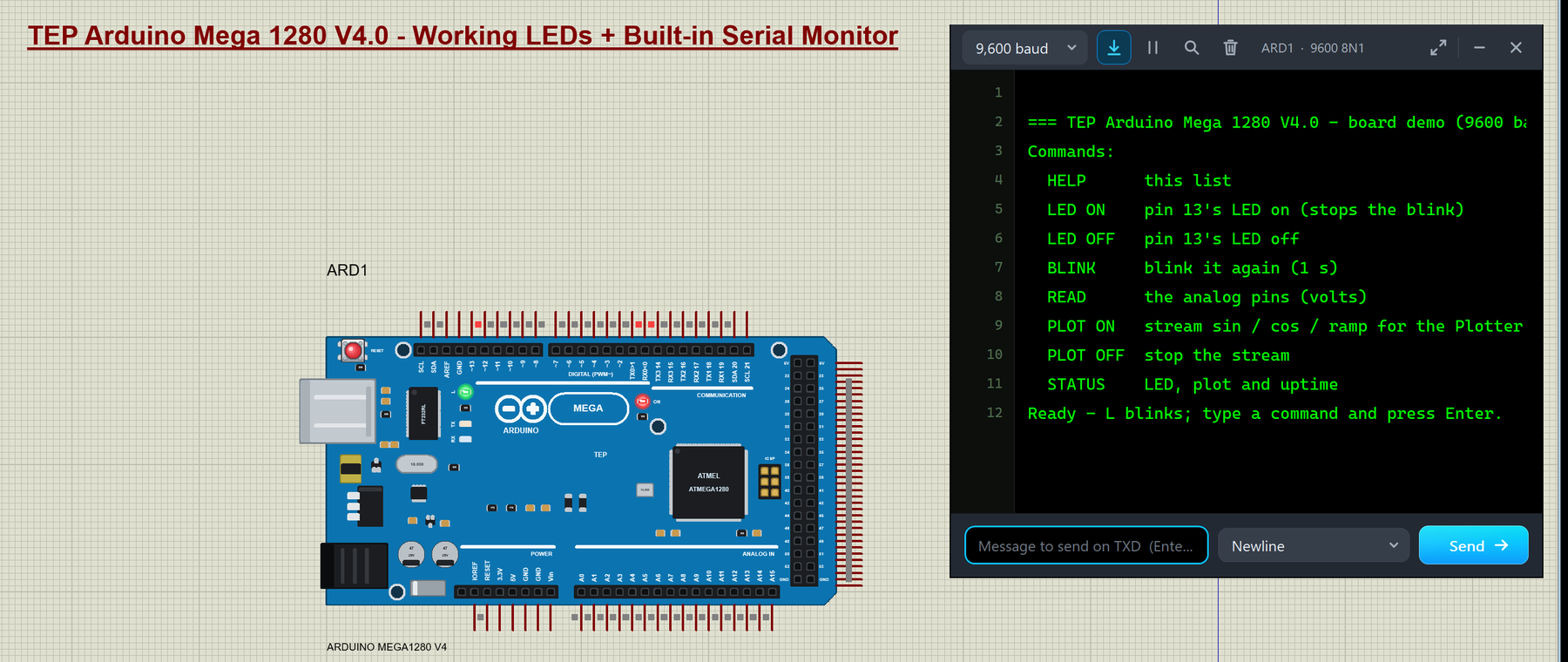 Arduino Mega 1280 Library for Proteus V4.0: the blue Arduino Mega 1280 board with the FT232RL and the ATmega1280 running in Proteus with the ON and L LEDs lit, and its built-in serial monitor in the Simple interface showing the demo start text