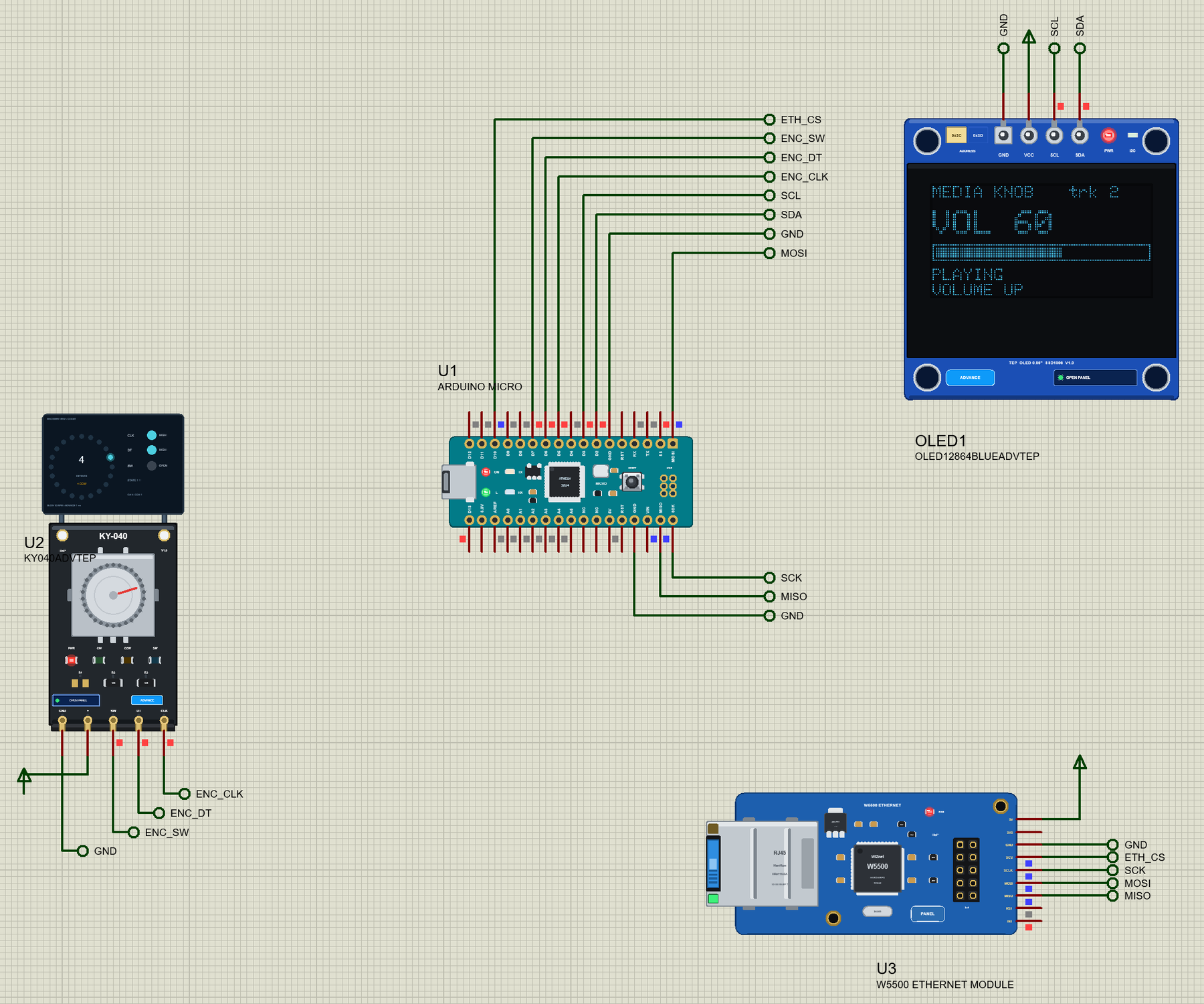 Arduino Micro Library for Proteus: a USB volume knob with a KY-040, an SSD1306 OLED and a W5500