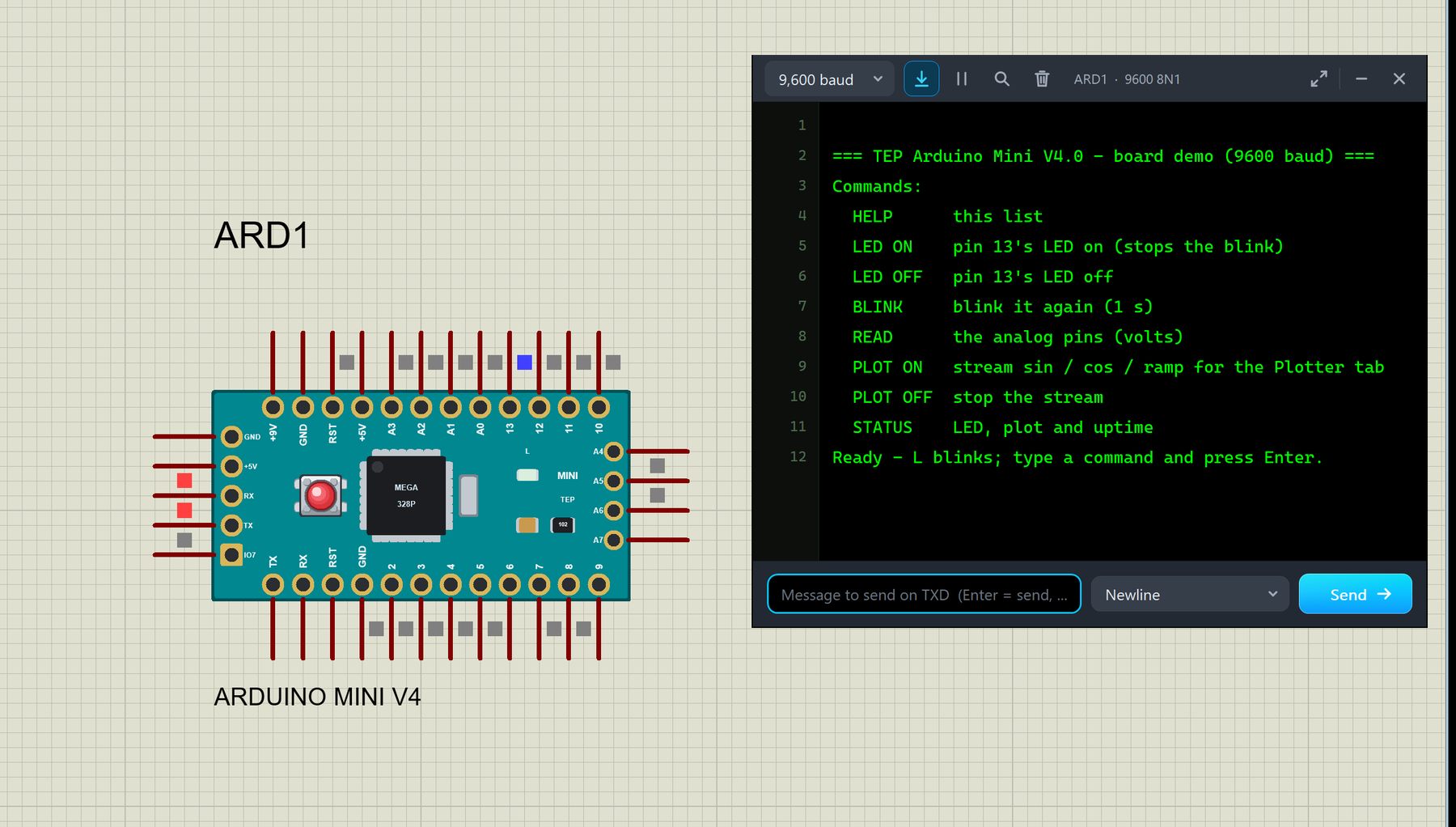 Arduino Mini Library for Proteus V4.0: the teal Arduino Mini 05 board ARD1 running the demo in Proteus 8.5, next to its built-in serial monitor in the Simple interface with the demo's start-up text and command list