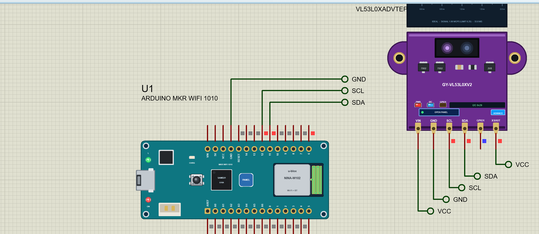 Arduino MKR WiFi 1010 Library for Proteus: a parking assistant with a VL53L0X and an SHT31 on Wi-Fi