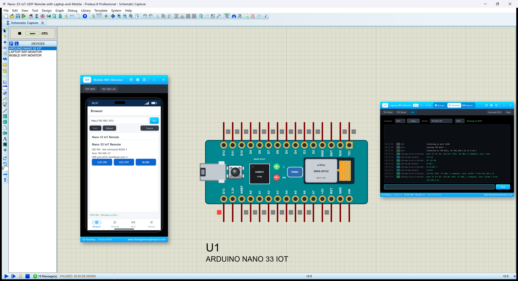 Arduino Nano 33 IoT Library for Proteus: LED ON sent by UDP from the laptop, the phone page beside