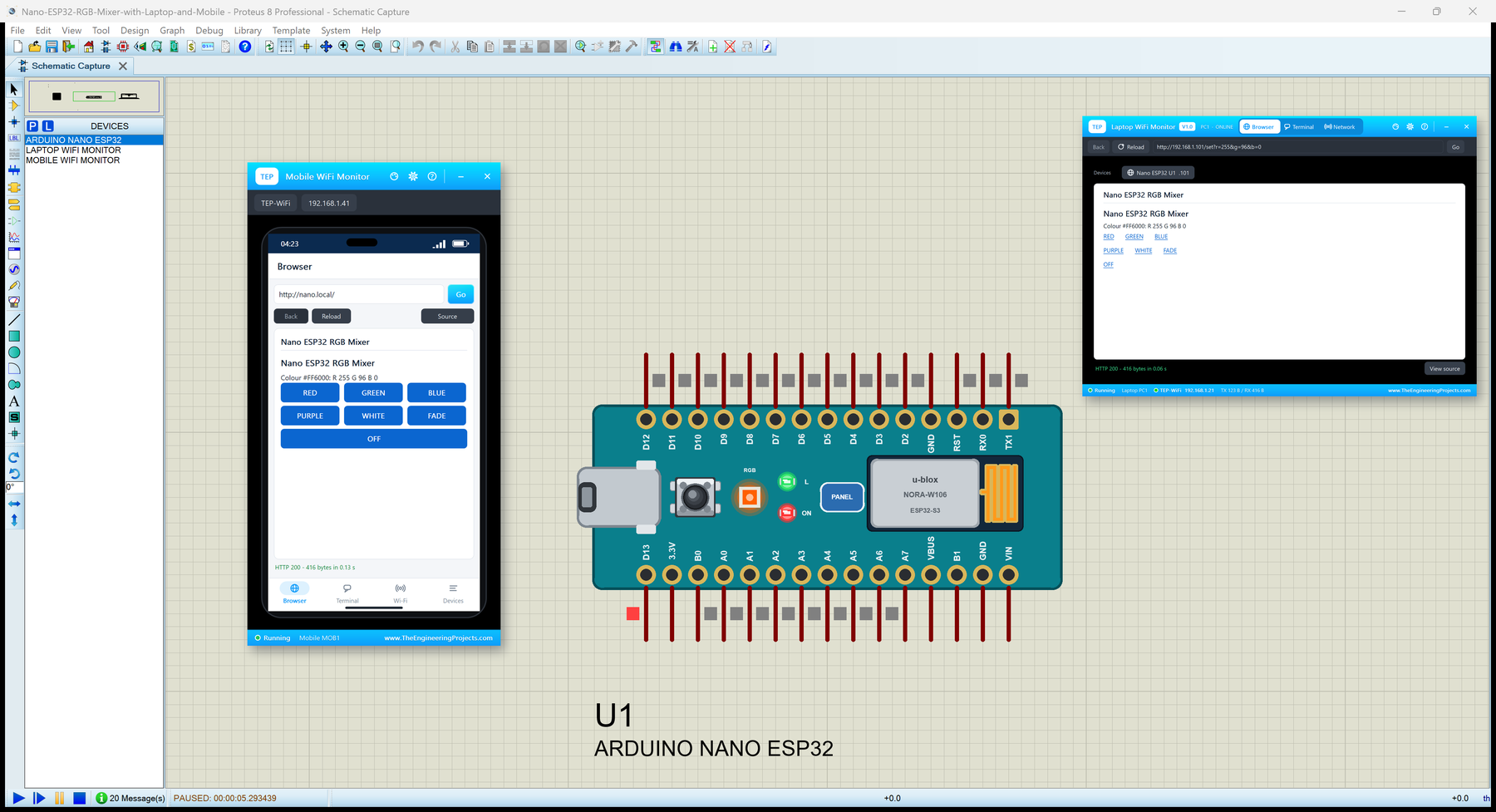 Arduino Nano ESP32 Library for Proteus: the RGB LED orange with the phone and the laptop