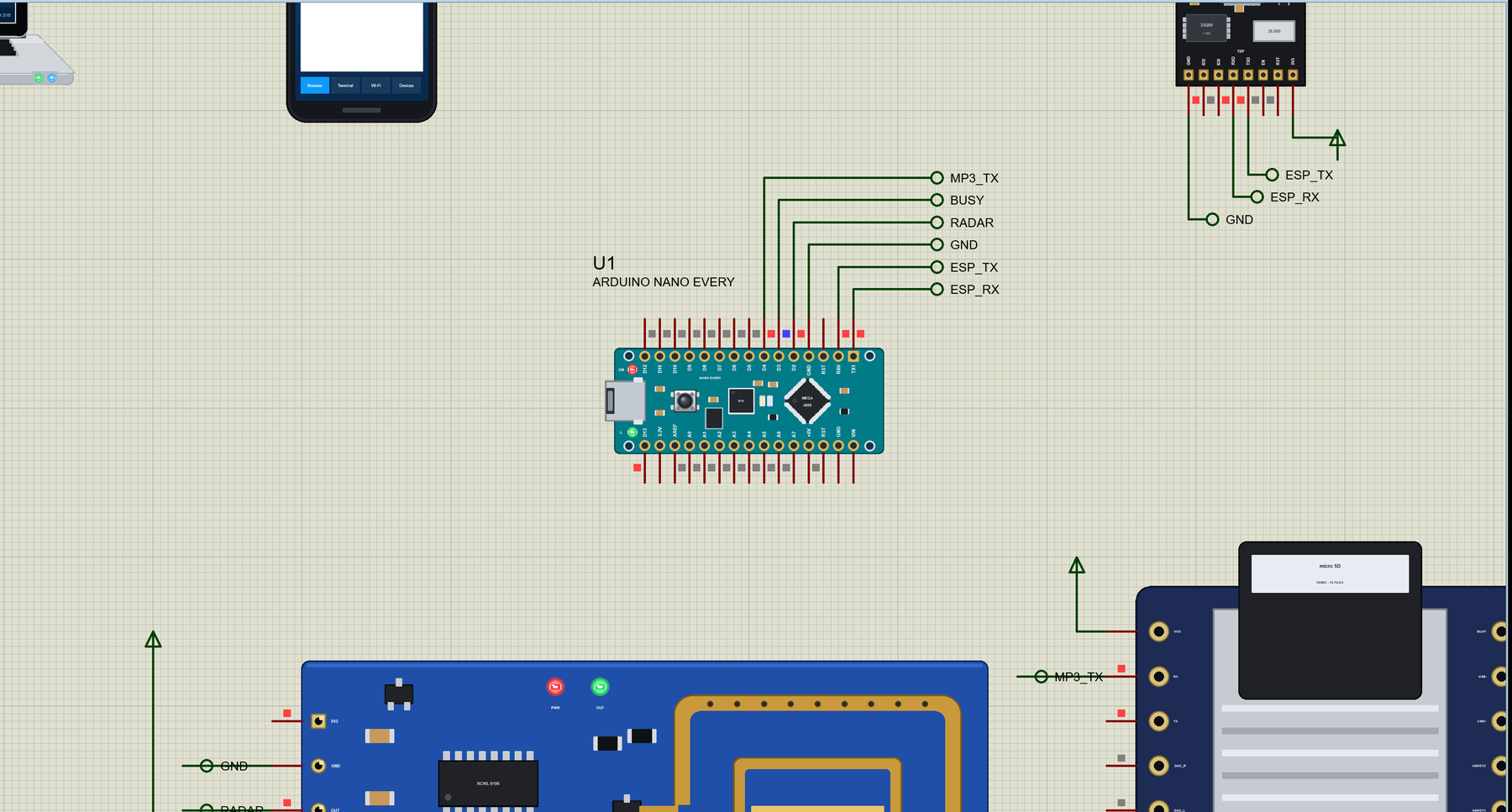 Arduino Nano Every Library for Proteus: a radar doorbell with an RCWL-0516, a DFPlayer Mini and an ESP-01S