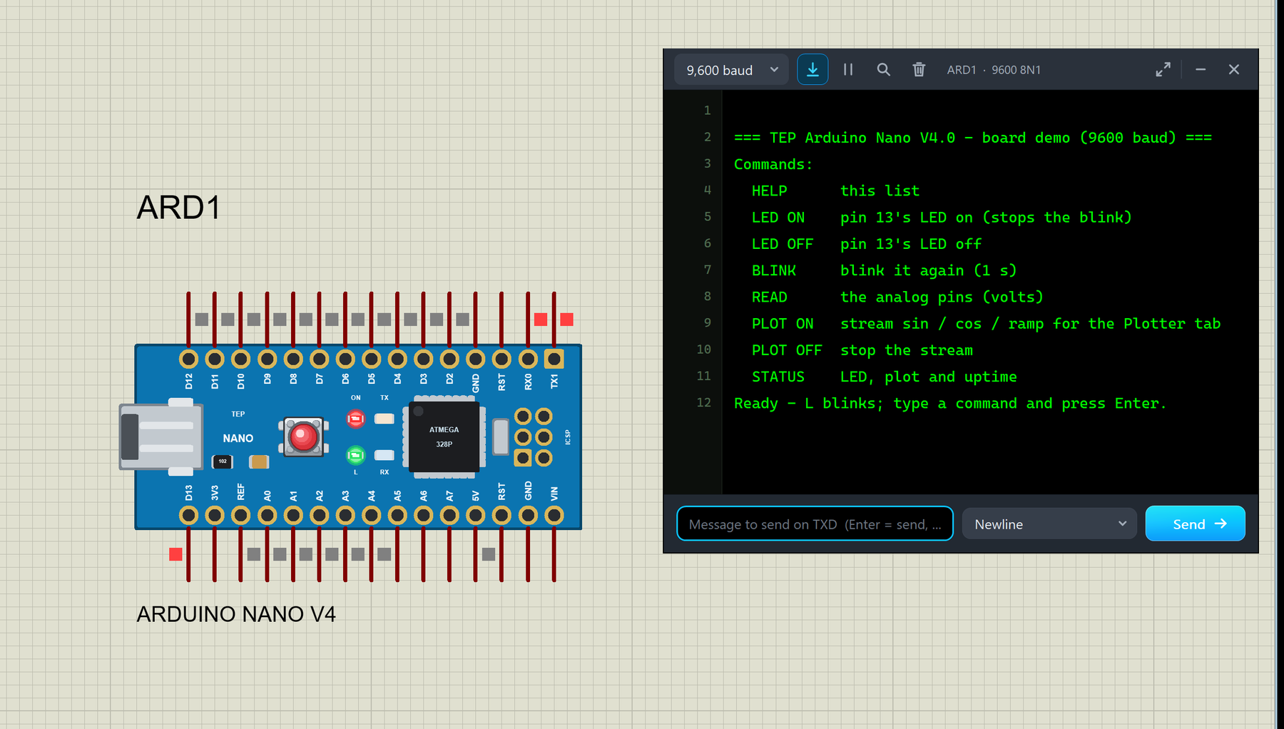 Arduino Nano Library for Proteus V4.0: the blue Arduino Nano V4.0 running in Proteus 8.5 with the ON and L LEDs lit, beside its built-in serial monitor in the Simple interface showing the demo start text