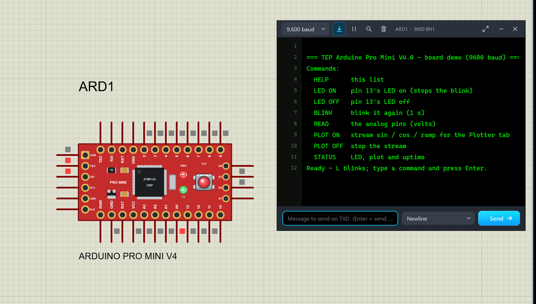 Arduino Pro Mini Library for Proteus V4.0: the red Arduino Pro Mini board ARD1 running in Proteus with the PWR and 13 LEDs lit, next to its built-in serial monitor in the Simple interface showing the demo start-up text