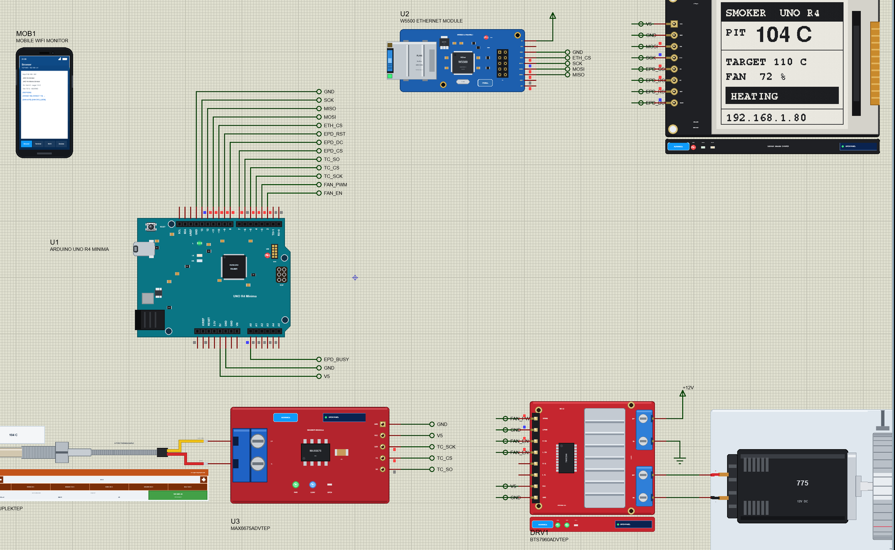 Arduino UNO R4 Minima Library for Proteus: a BBQ smoker controller with a MAX6675, a BTS7960, an e-paper and a W5500