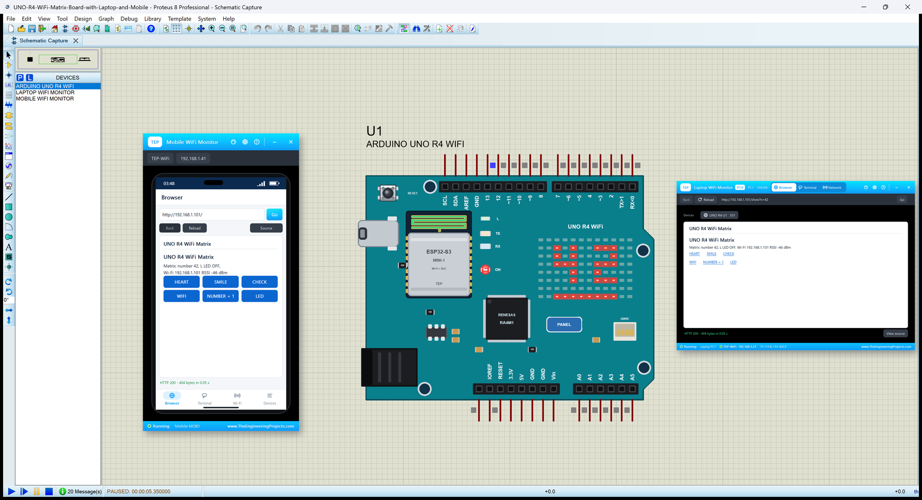 Arduino UNO R4 WiFi Library for Proteus: the LED matrix showing 42 with the phone and the laptop