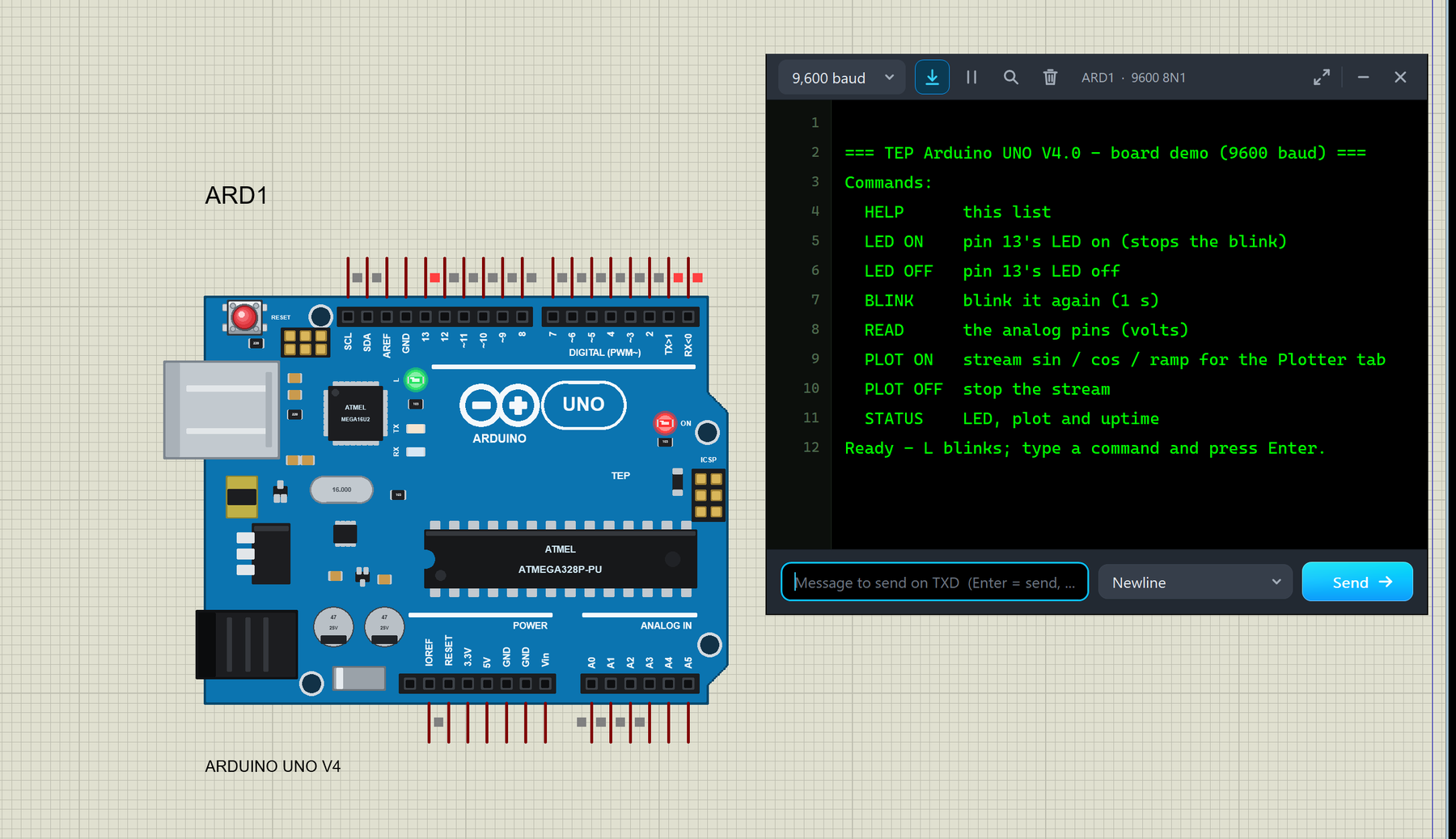 Arduino UNO Library for Proteus V4.0: the blue Arduino UNO R3 board running in Proteus 8.5 with the red ON and green L LEDs lit, and its built-in serial monitor in the Simple interface showing the demo start-up text at 9600 baud