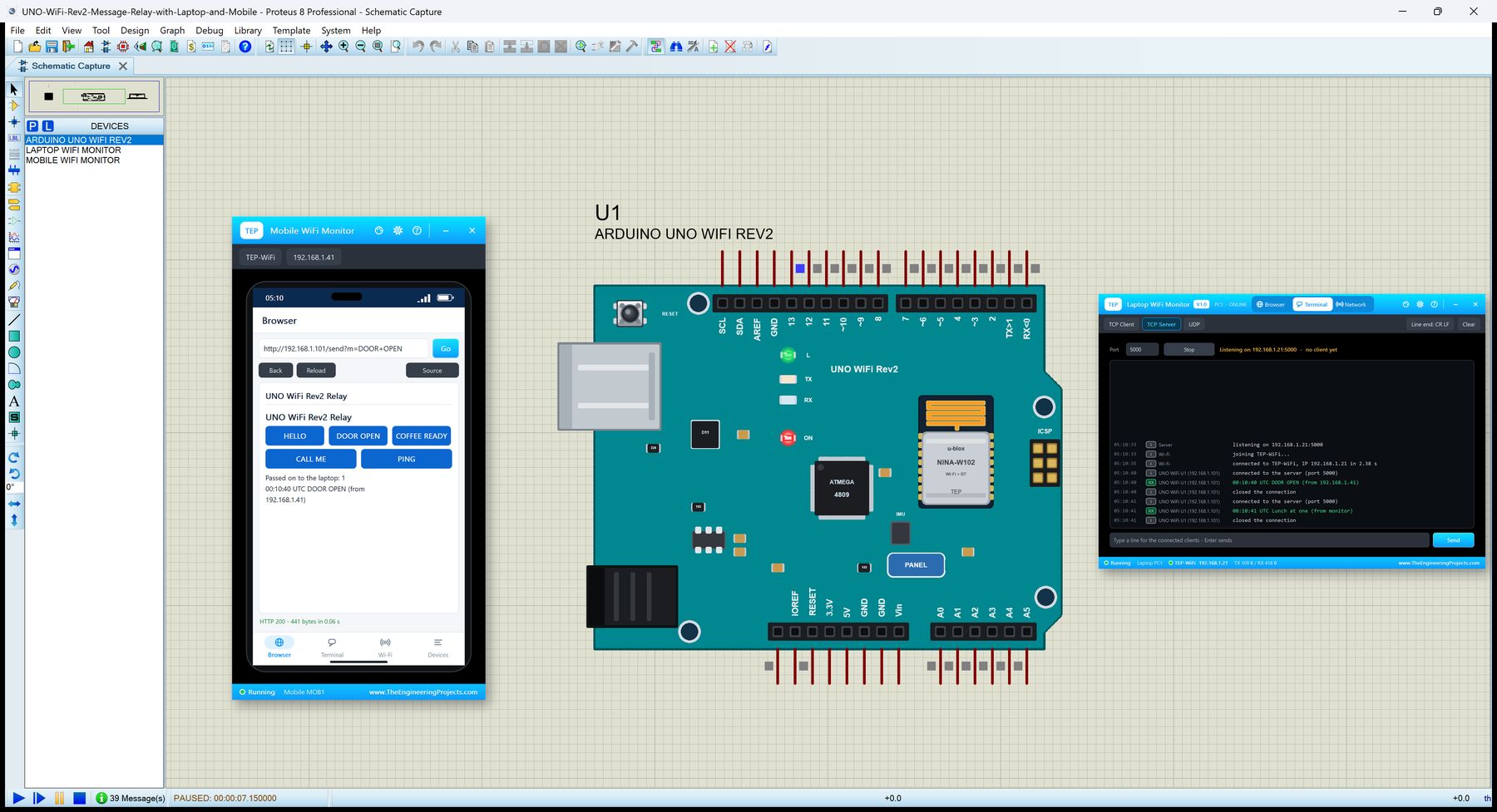 Arduino UNO WiFi Rev2 Library for Proteus: a message from the phone passed on to the laptop