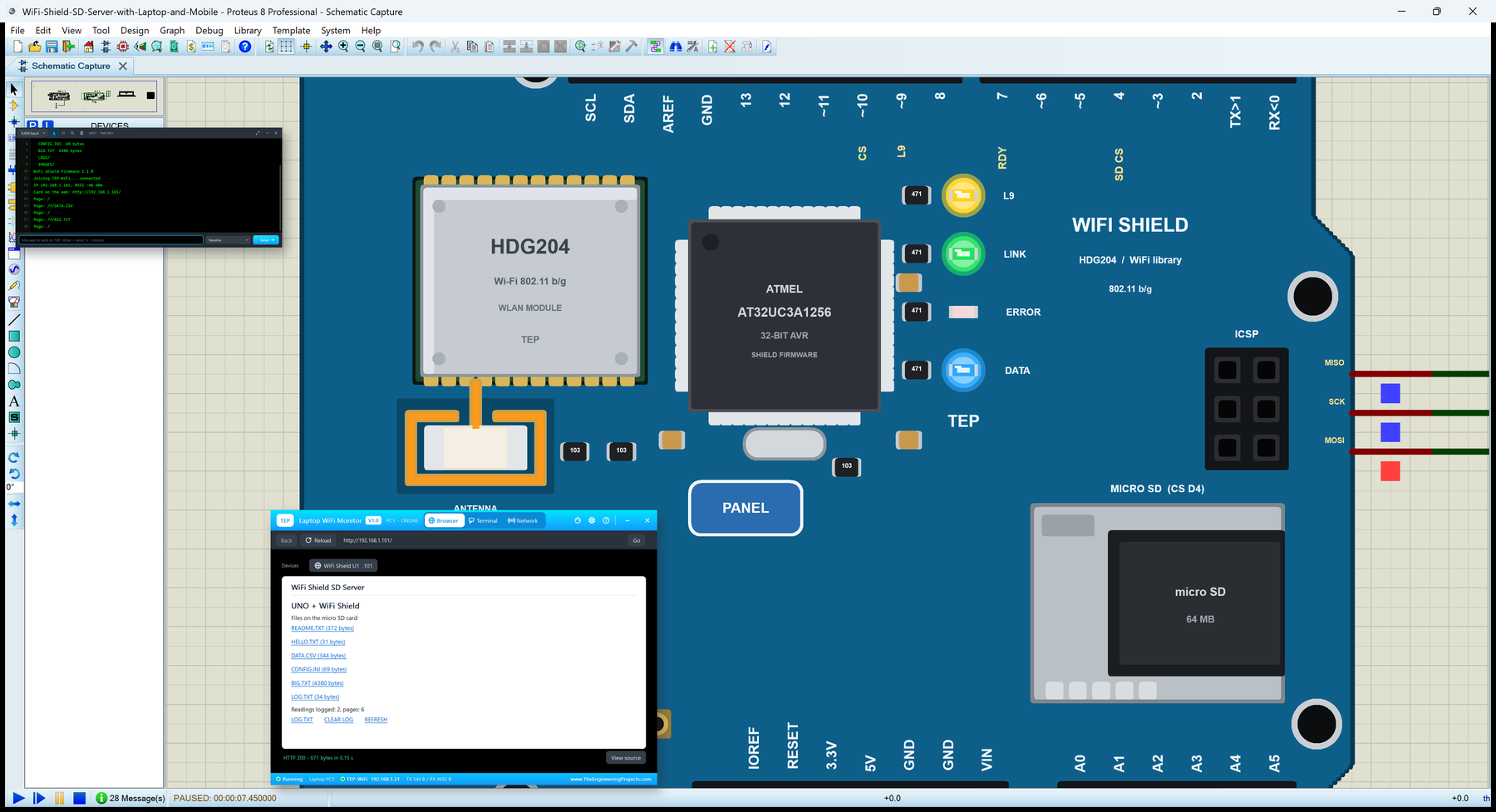 Arduino WiFi Shield Library for Proteus: the HDG204 shield serving its micro SD card to the Laptop WiFi Monitor