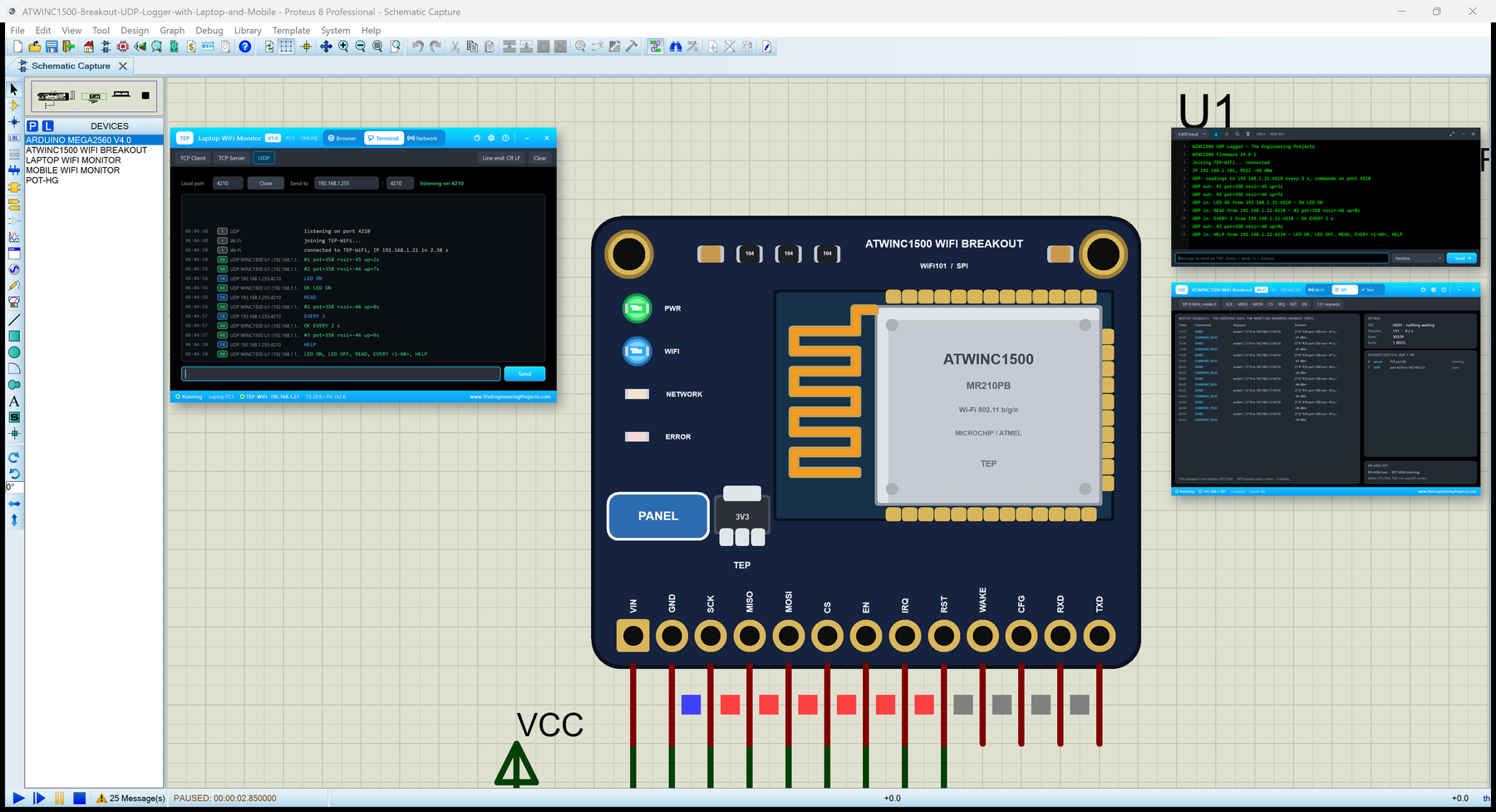 ATWINC1500 WiFi Breakout Library for Proteus: the WINC1500 breakout sending UDP readings to the Laptop WiFi Monitor
