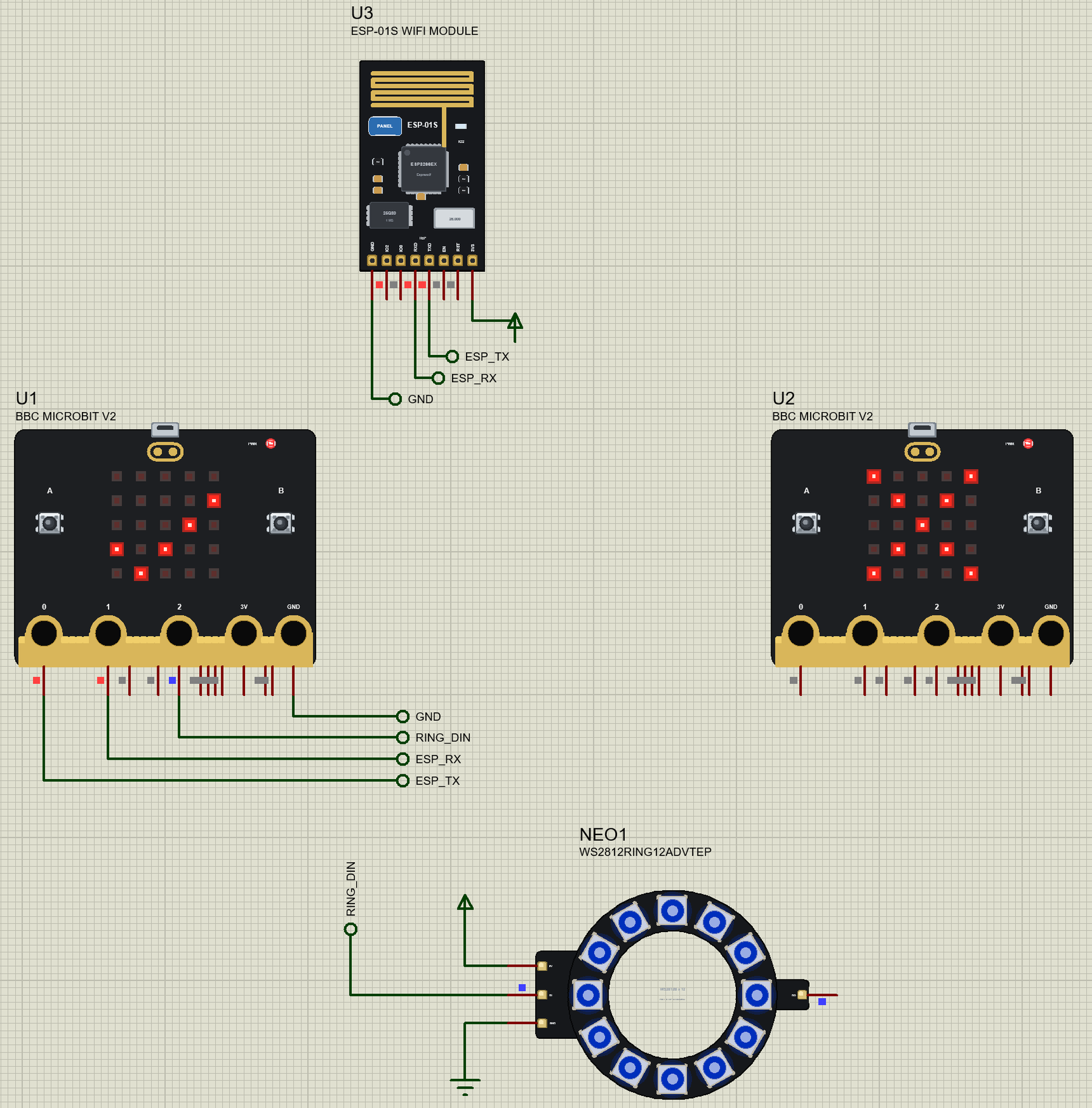 BBC micro:bit V2 Library for Proteus: two micro:bits playing a radio reaction game with an ESP-01S and a NeoPixel ring