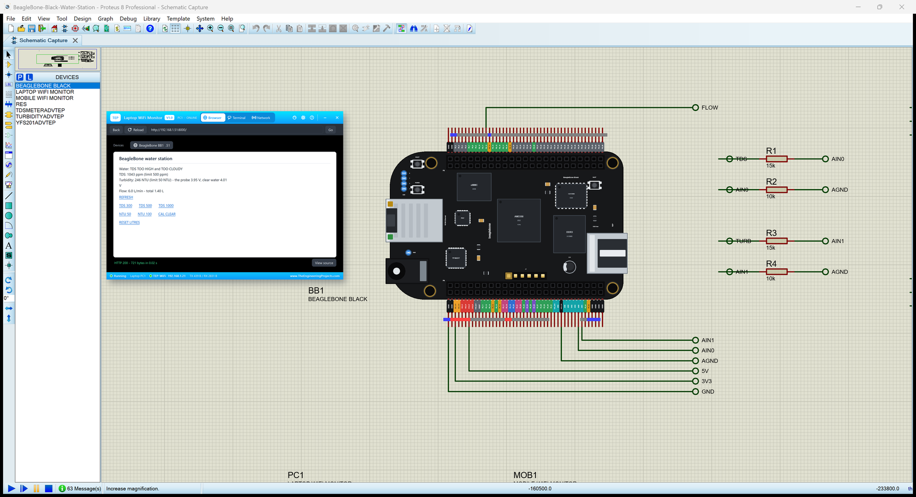 BeagleBone Black Library for Proteus: a water station with TDS, turbidity and flow sensors and a web page