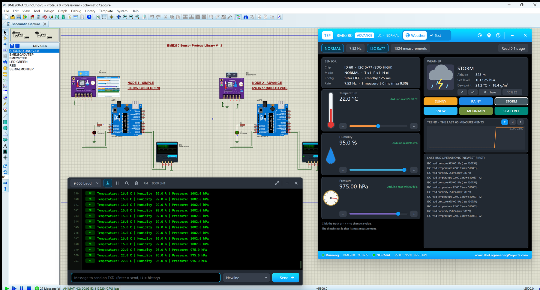 BME280 Sensor Library for Proteus V1.1: two Arduino UNOs with purple GY-BME280 boards, the BME280 Advance pop-up with its Weather page on STORM and the TEP Serial Monitor in its Simple interface