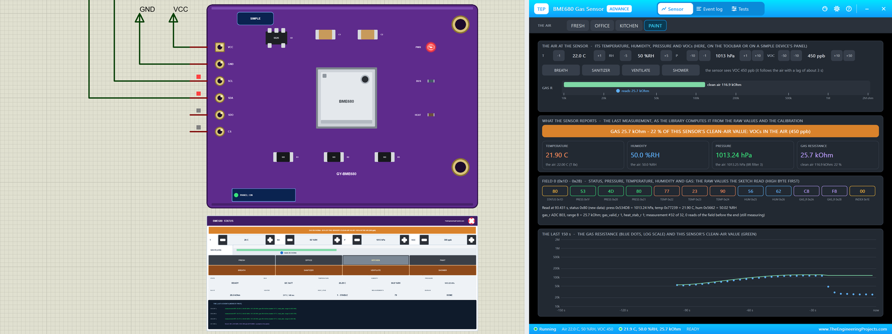 BME680 Gas Sensor Library for Proteus V1.0: the GY-BME680 with its STATUS panel and the Advance pop-up