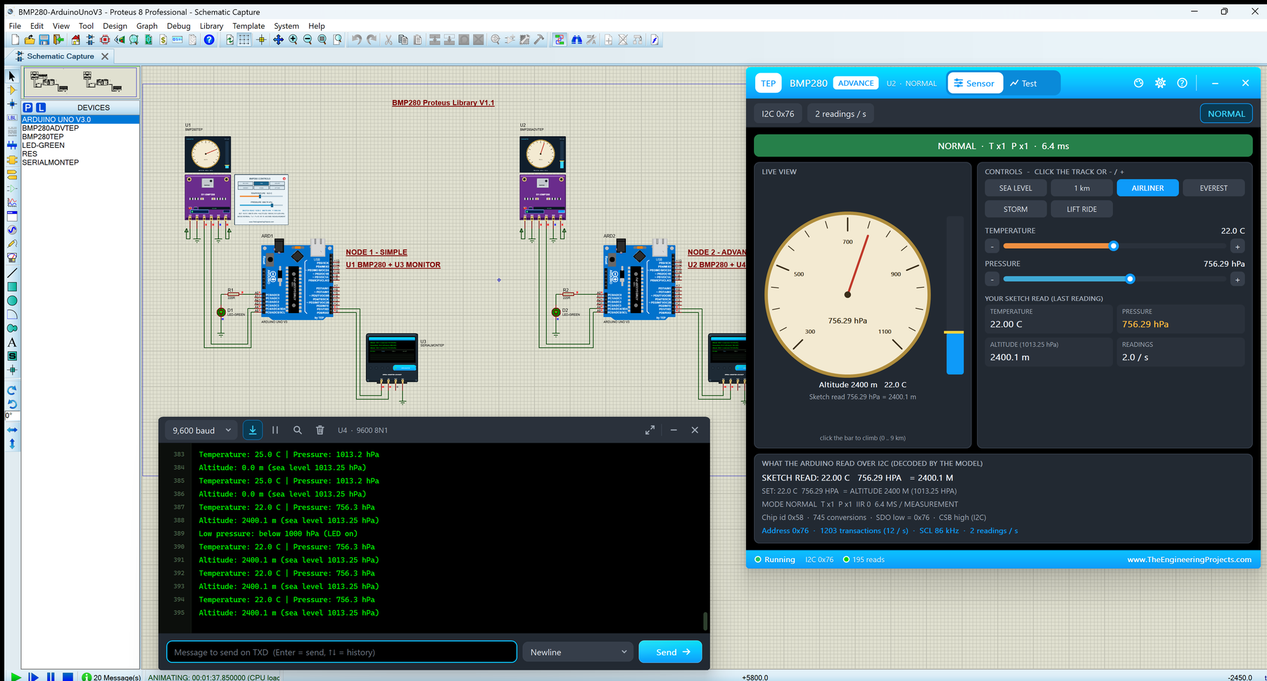 BMP280 Sensor Library for Proteus V1.1: two Arduino UNOs with purple GY-BMP280 boards, the BMP280 Advance pop-up on its Sensor page at AIRLINER (756.29 hPa, 2400.1 m) and the TEP Serial Monitor U4 printing Low pressure: below 1000 hPa (LED on)