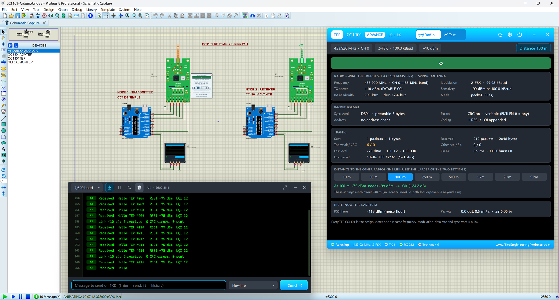 CC1101 Library for Proteus V1.1: two Arduino UNOs with green CC1101 boards, the CC1101 Advance pop-up with its Radio page and the TEP Serial Monitor in its Simple interface