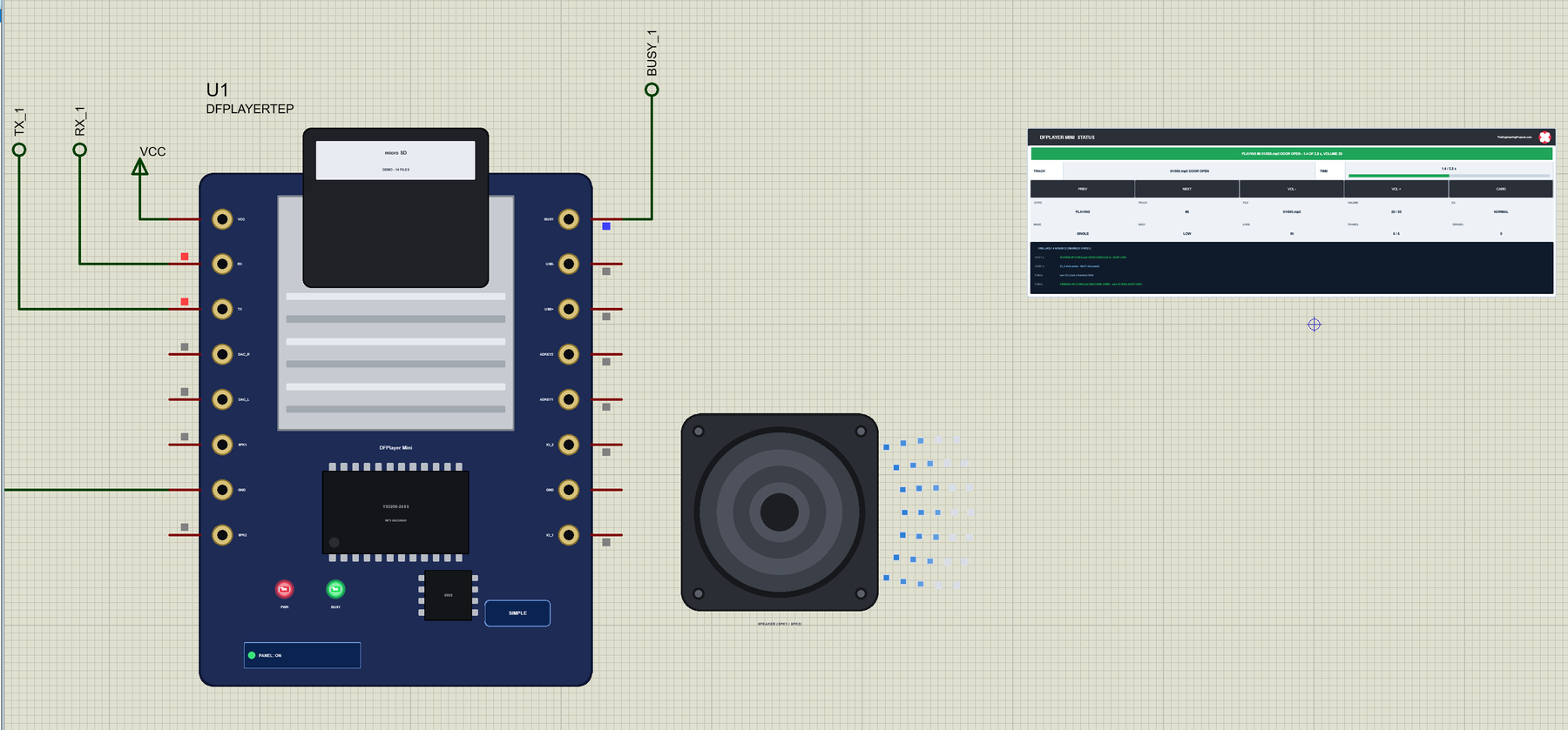 DFPlayer Mini Library for Proteus V1.0: the MP3 module playing a track from its micro SD card