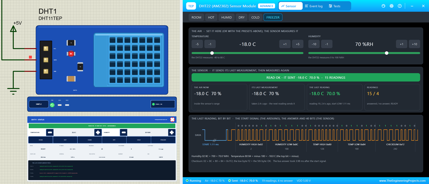 DHT11 / DHT22 Library for Proteus V1.0: a DHT11 module with its STATUS panel and the Advance pop-up of a DHT22 at -18 C