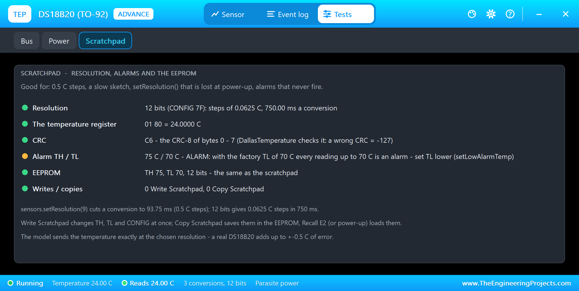 DS18B20 Scratchpad test tool in Proteus: resolution, the temperature register, CRC, alarm limits and EEPROM