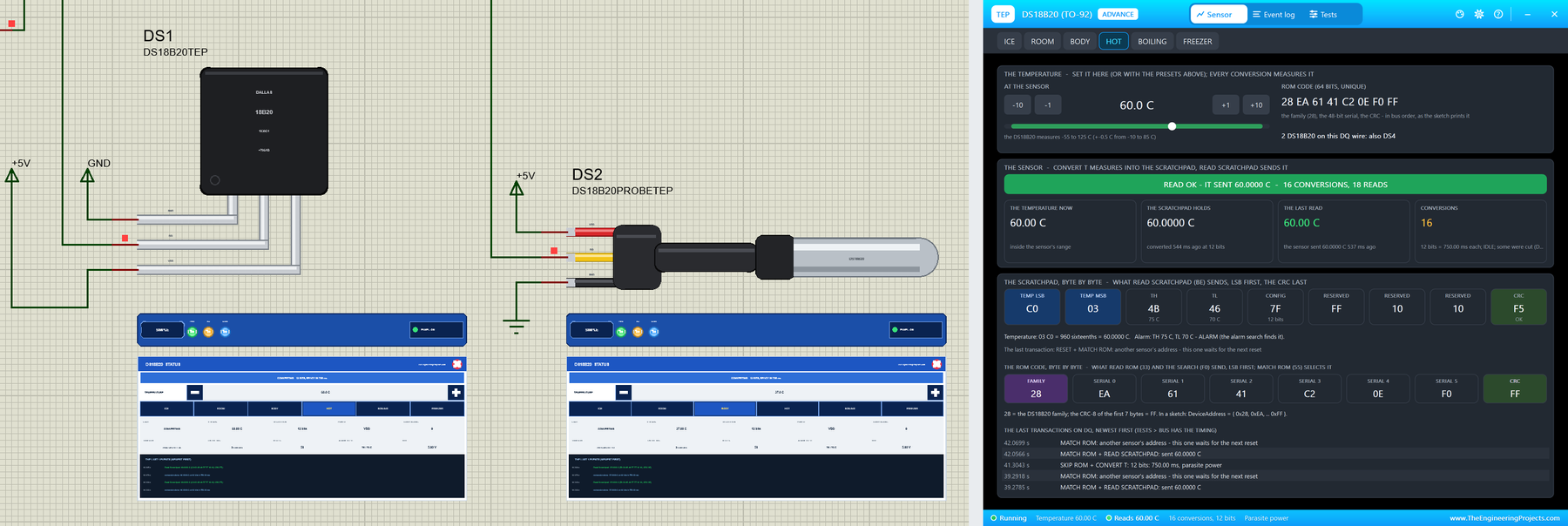 DS18B20 Library for Proteus V1.0: a DS18B20 TO-92 and a waterproof probe with their STATUS panels and an Advance pop-up