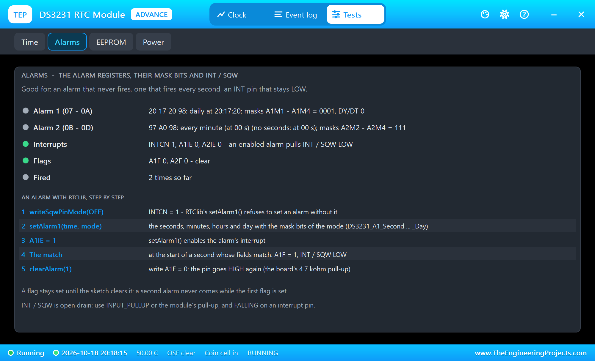 DS3231 RTC module Alarms test tool in Proteus: the alarm registers and their mask bits
