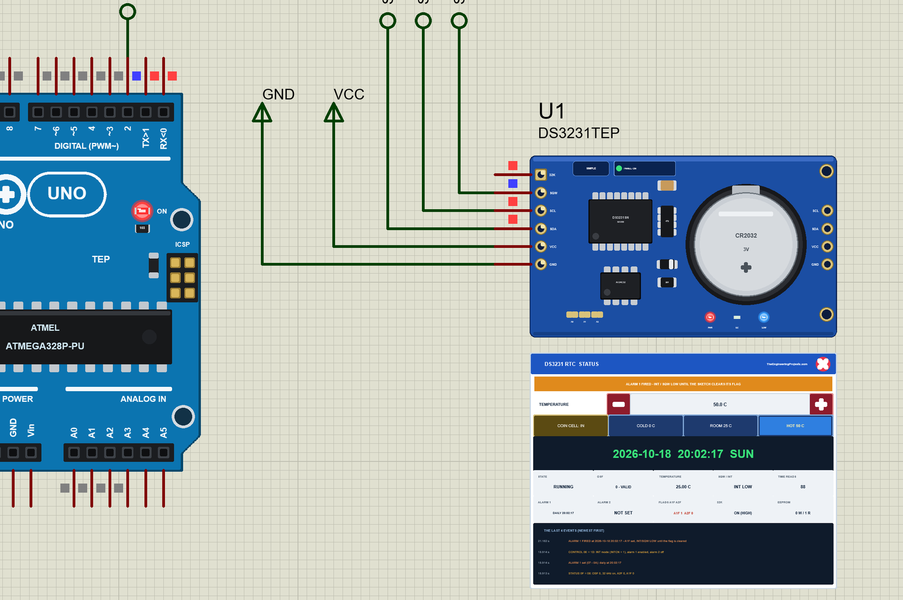 DS3231 RTC Module Library for Proteus V1.0: the ZS-042 module with its STATUS panel while an alarm fires