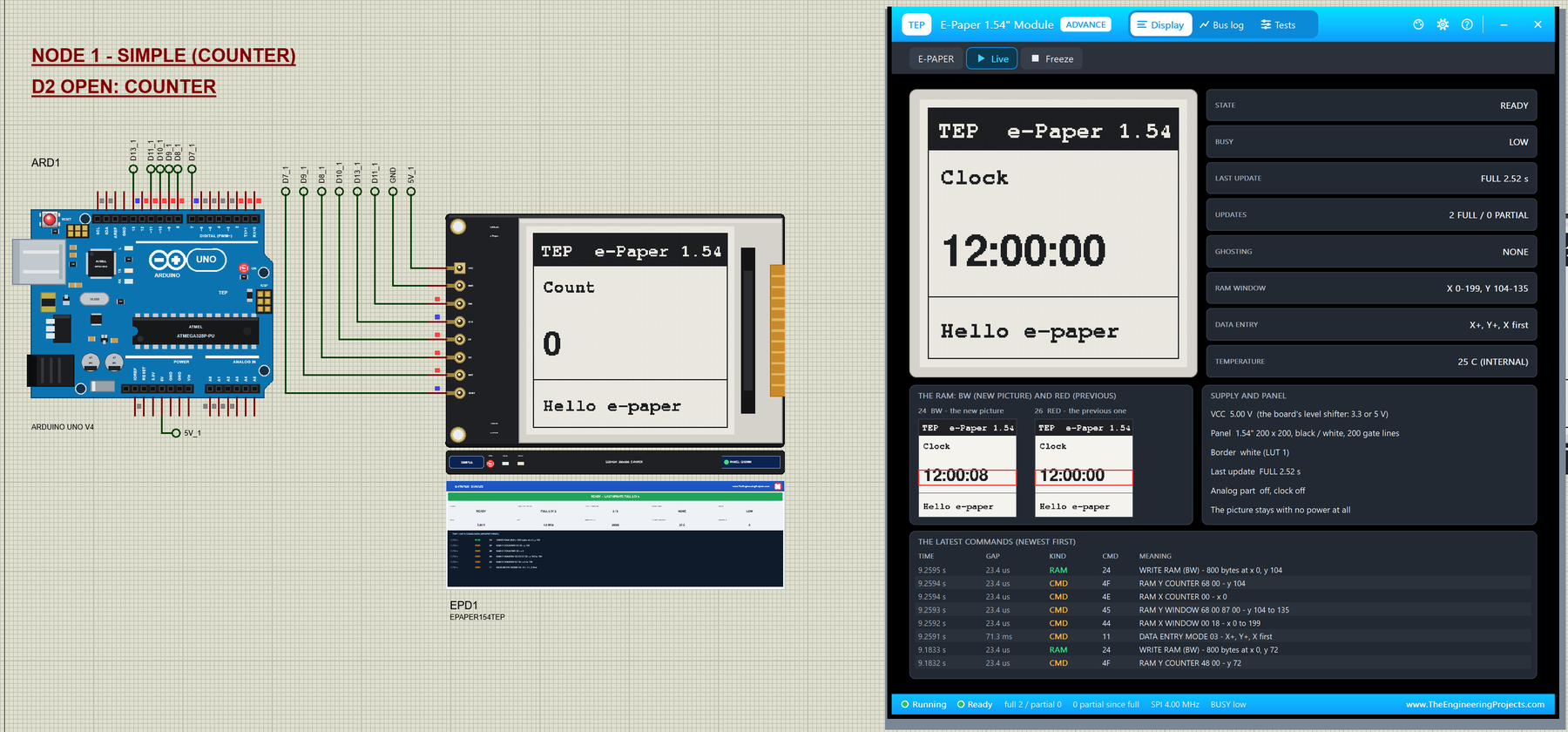 E-Paper Display Library for Proteus V1.0: an Arduino UNO V4.0 with the 1.54 inch e-paper module showing a counter, and the Advance pop-up showing the clock with its RAM planes and commands