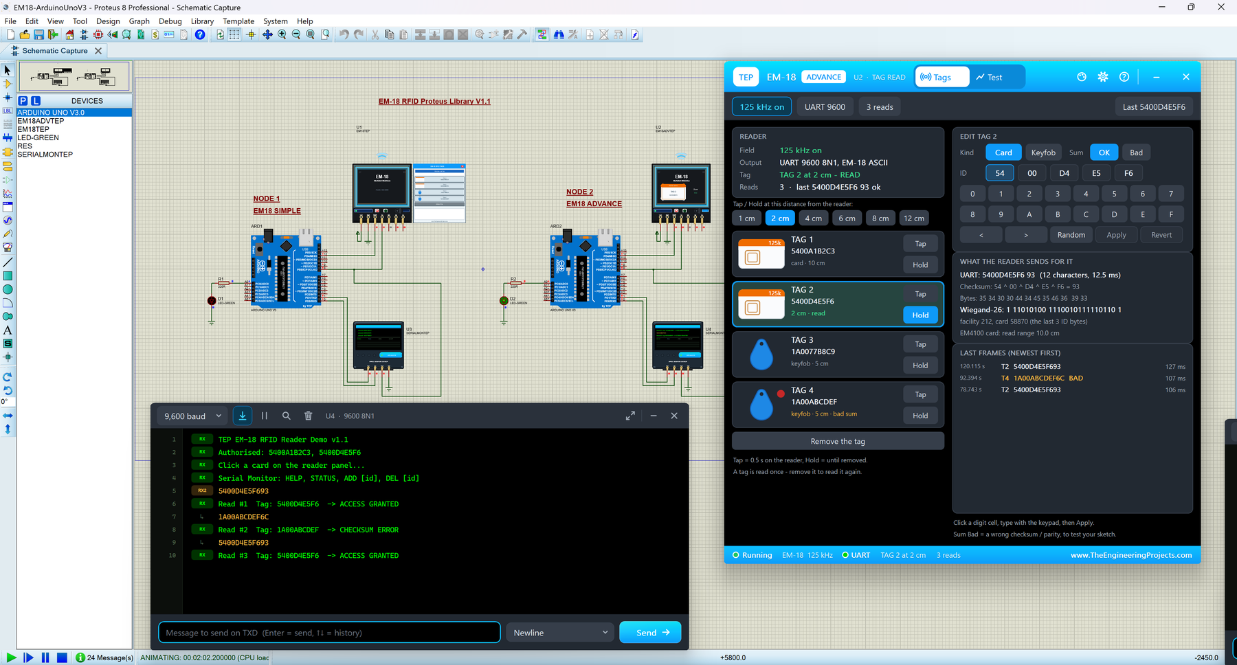 EM18 RFID Library for Proteus V1.1: two Arduino UNOs with black EM-18 reader modules, the EM18 Advance pop-up with its Tags page and the TEP Serial Monitor in its Simple interface