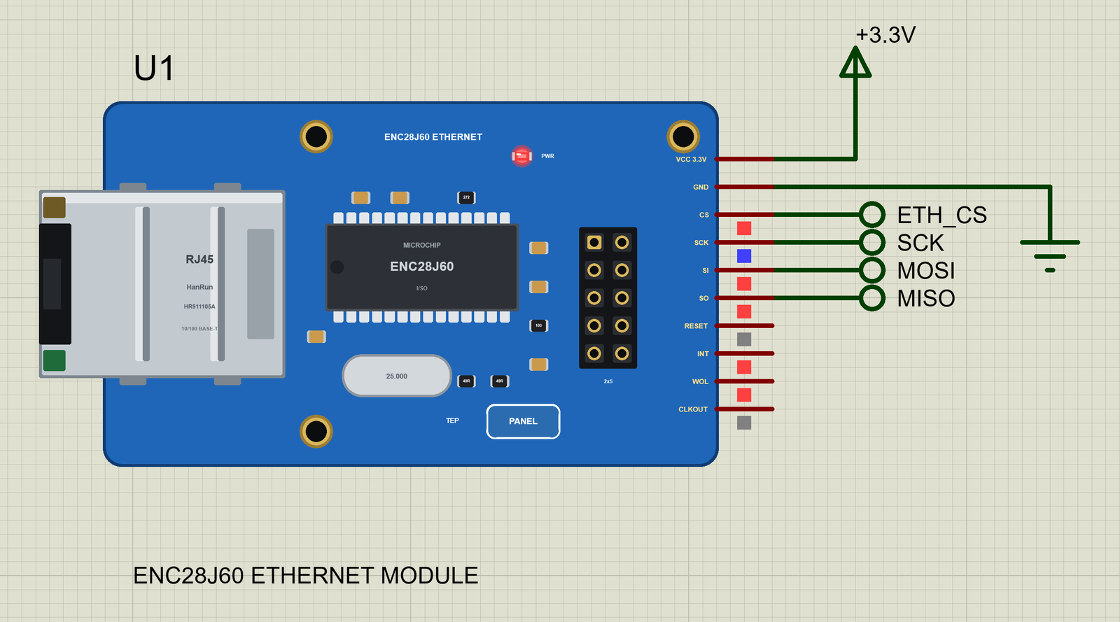 ENC28J60 Ethernet Module in Proteus with the cable out: only PWR lit