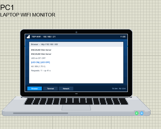 Laptop WiFi Monitor in Proteus beside the ENC28J60 Ethernet Module